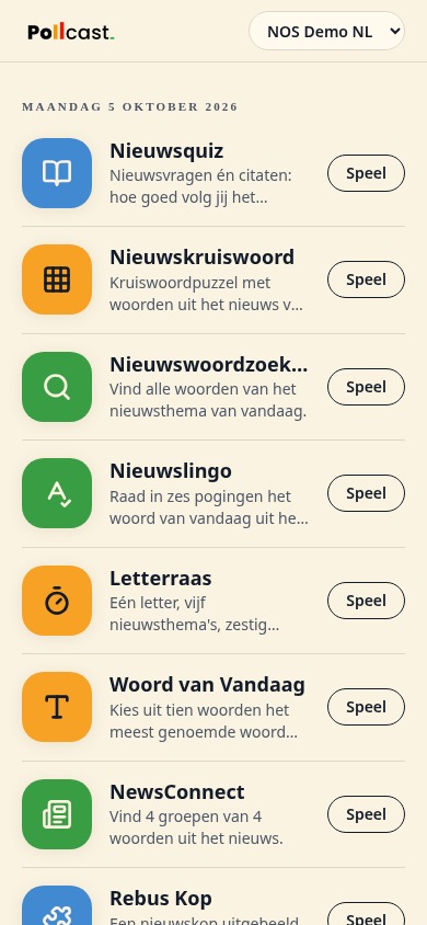 News Arcade op een telefoon, met onder meer Nieuwsquiz, Nieuwskruiswoord en Nieuwslingo